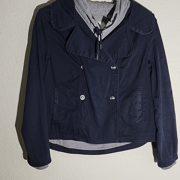 Hei Hei Womens Jacket Size L Navy Blue Heather Gray Sailor Anchor Cropped Trench - Picture 1 of 13
